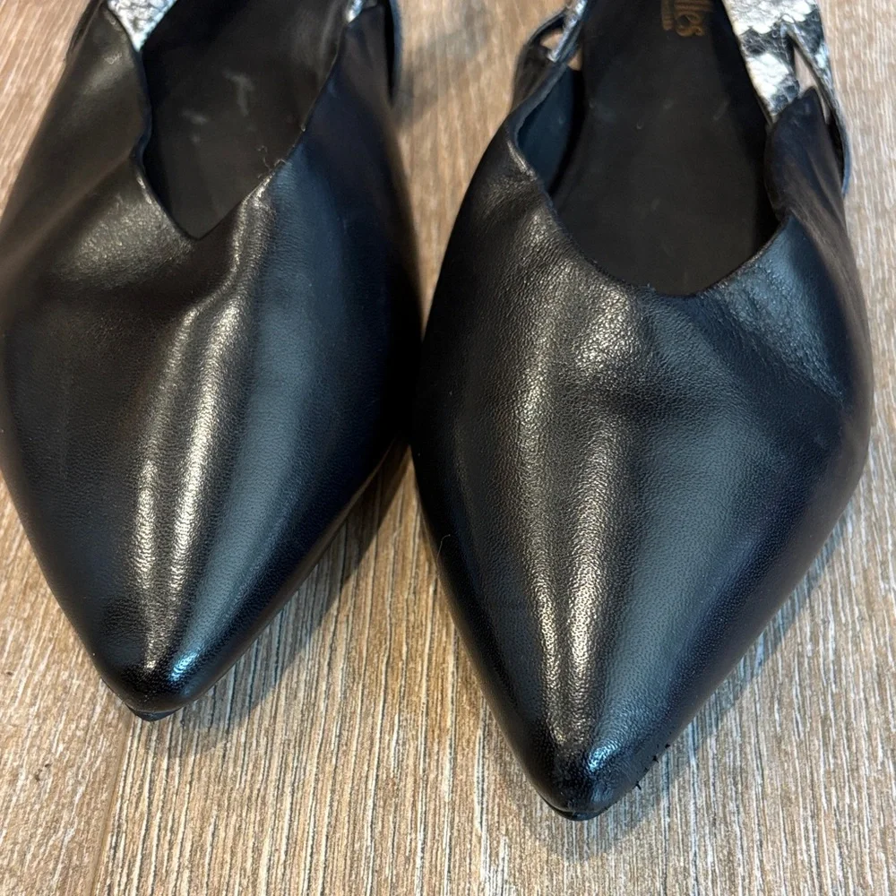 Seychelles Black Leather Pointed Slingback Flats with Snake-Print Strap 8.5 - Picture 4 of 5